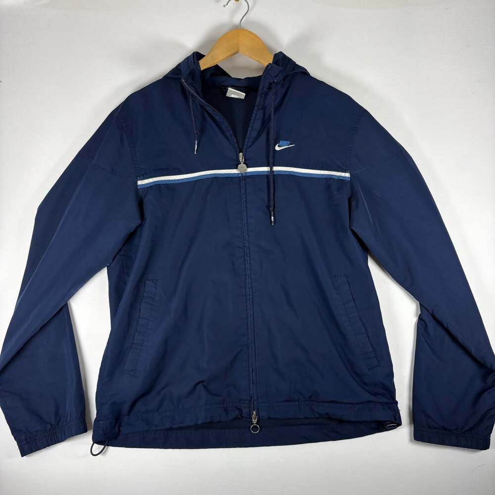 Nike Windbreaker Jacket Navy Blue Full Zip Hooded Mesh Lined Vintage Mens M